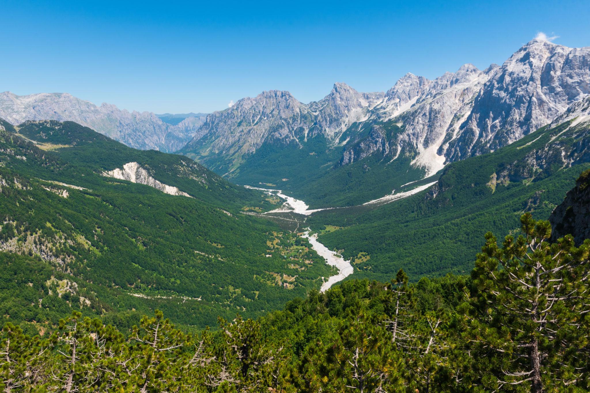 Valbona Valley — the Accursed Mountains rising above dense forest and glacial river