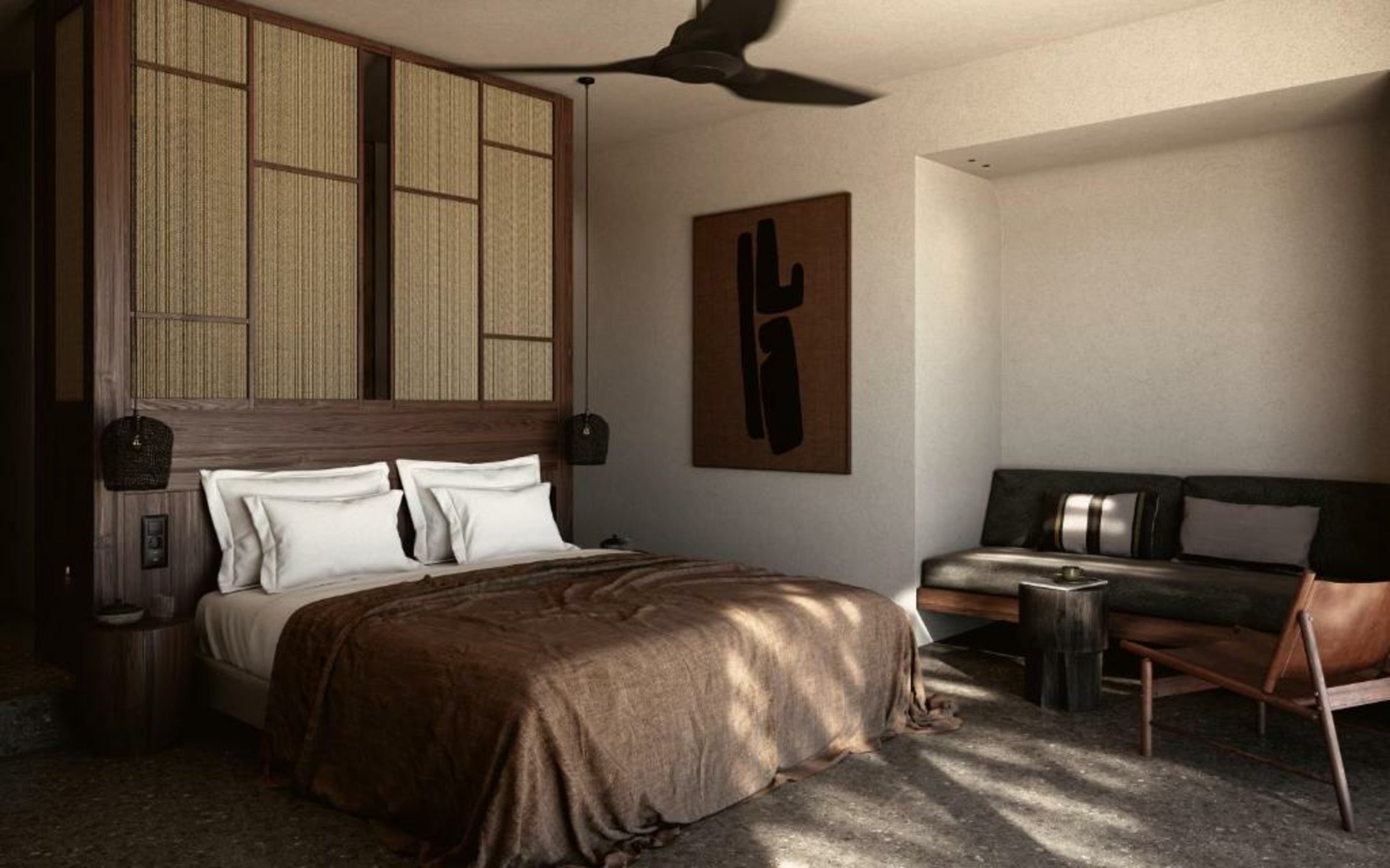 Casa Cook Samos room — dark timber, rattan panels and leather chair