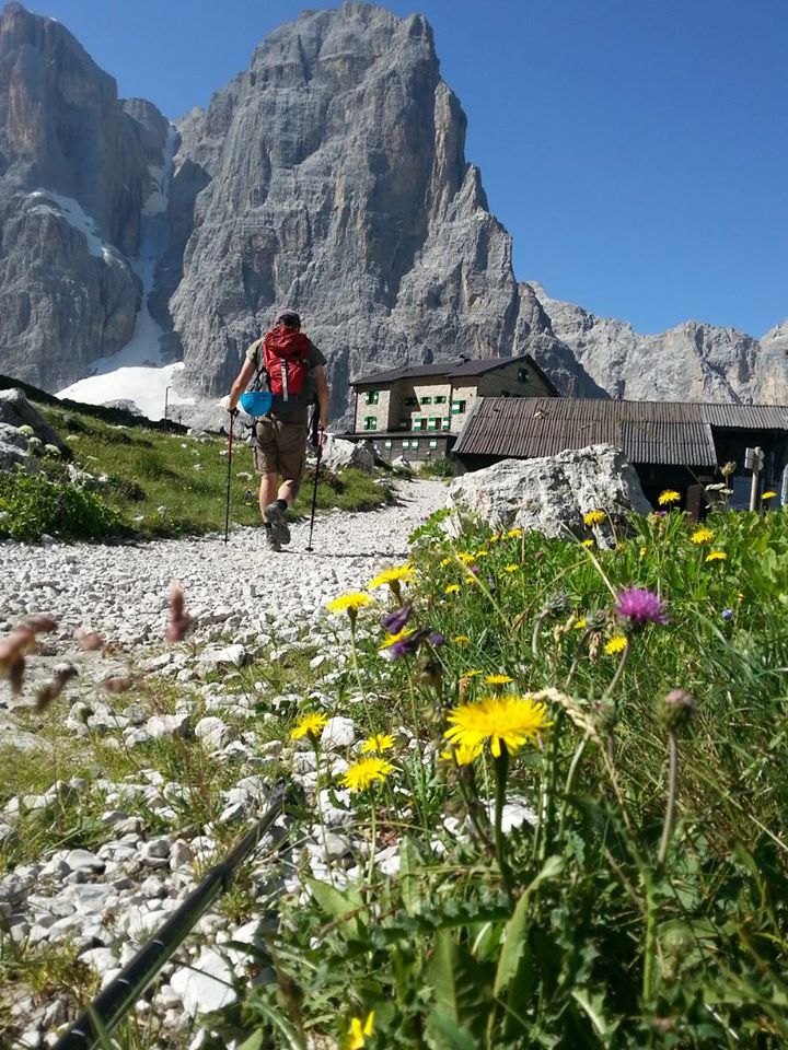 Hiking in the Dolomites — rifugio beneath vertical rock towers, alpine wildflowers in foreground